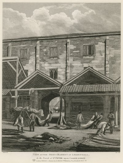 Vue du marché aux peaux à Leadenhall, dans la paroisse de St Peter upon Cornhill, Londres - English School