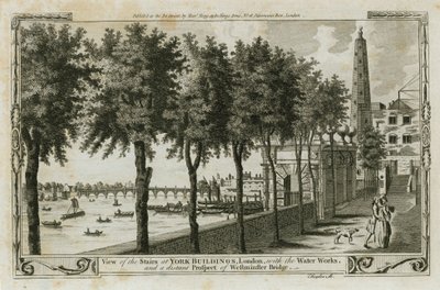 Vue des escaliers des York Buildings, Londres avec les travaux d