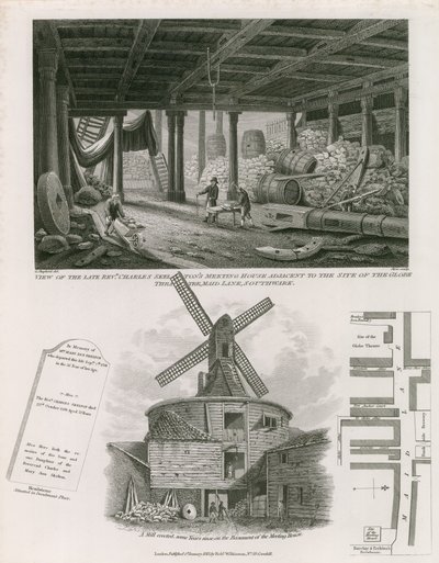 Vue de la maison de réunion du révérend Charles Skelton adjacente au site du Globe Theatre - English School