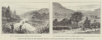 Vues sur la route du chemin de fer projeté dans le district des Blue Mountains de Nouvelle-Galles du Sud (gravure) - English School