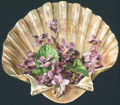 Violettes dans une coquille de palourde, carte de Nouvel An - English School