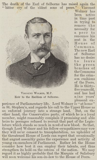 Vicomte Wolmer, MP, héritier du comté de Selborne (gravure) - English School