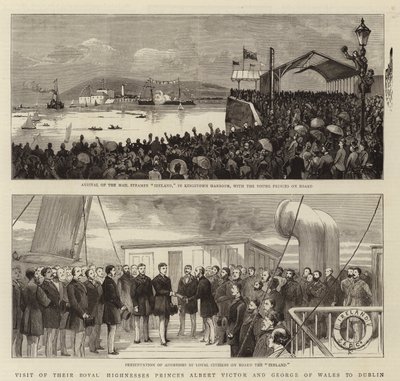Visite de Leurs Altesses Royales les princes Albert Victor et George de Galles à Dublin (gravure) - English School