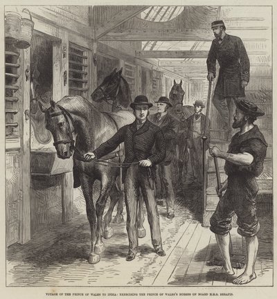 Voyage du Prince de Galles en Inde, exercice des chevaux du Prince de Galles à bord du HMS Serapis - English School