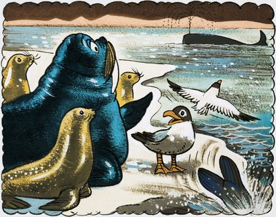 Morse et mouettes regardant la baleine - English School