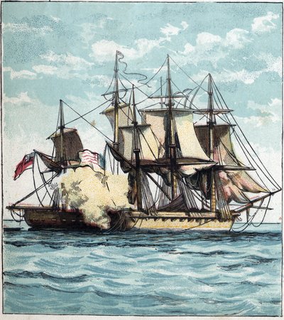 Guerre de 1812 entre les États-Unis et la Grande-Bretagne : la frégate Chesapeake pendant la bataille navale contre la frégate britannique « Shannon » le 01/06/1813 au large de Boston. 