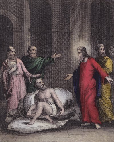 Quand la renommée avait répandu le cas du serviteur paralysé ... (gravure en couleur) - English School