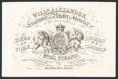 William Alexander, graveur et imprimeur général pour leurs altesses royales, carte de visite - English School