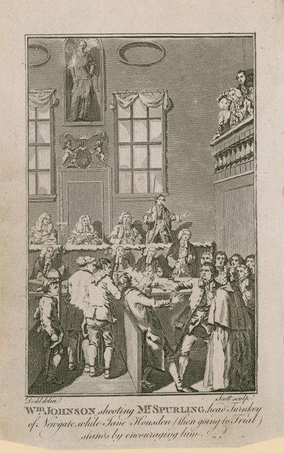 William Johnson tirant sur M. Spurling, chef geôlier de Newgate, tandis que Jane Housden (alors en procès) l