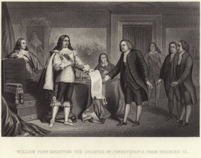 William Penn recevant la charte de Pennsylvanie de Charles II - English School