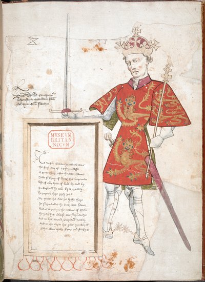 Guillaume le Conquérant, un roi anglais en armure et tabard, présentant une plaque avec des vers - English School