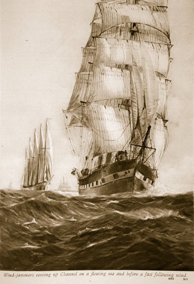 Voiliers remontant le canal sur une mer agitée et avec un vent arrière rapide, 1914-19 - English School
