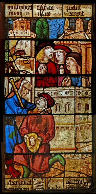 Fenêtre SaEw représentant une scène de la légende de Saint Nicolas : le diable étrangle un garçon qui lui a offert de la nourriture le jour de Saint Nicolas - English School