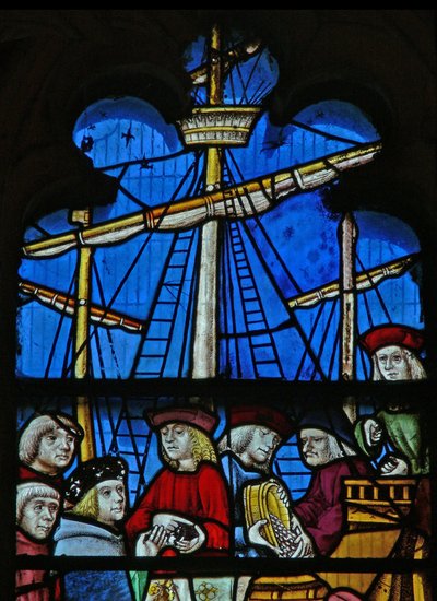 Fenêtre SaEw représentant une scène de la légende de Saint Nicolas : les navires de grain déchargent à Myra - English School