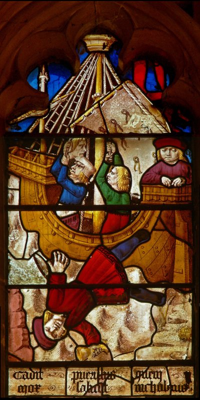 Fenêtre SaEw représentant une scène de la légende de Saint Nicolas : le miracle du garçon et de la coupe : le garçon chargé d