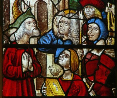 Fenêtre SaEw représentant une scène de la légende de Saint Nicolas : les voleurs rendent le trésor qu