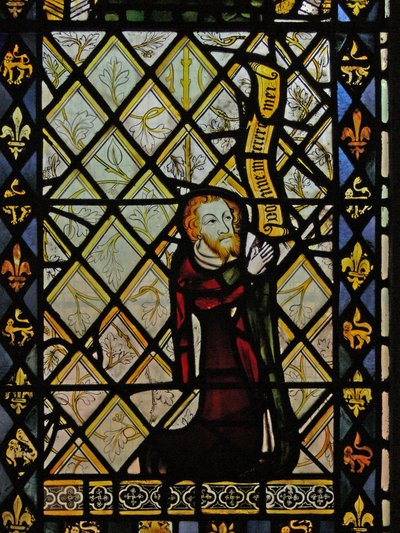 Fenêtre représentant des carrières et une bordure de fleurs de lys et de lions entourant le donateur - English School