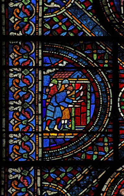 Fenêtre n7 représentant une scène de la vie de Saint Thomas Becket : les chevaliers à la porte de Canterbury - English School