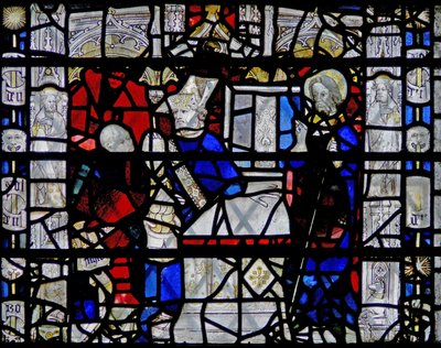 Fenêtre w6 représentant une scène de la vie de Saint Nicolas ; bordure avec des figures - English School