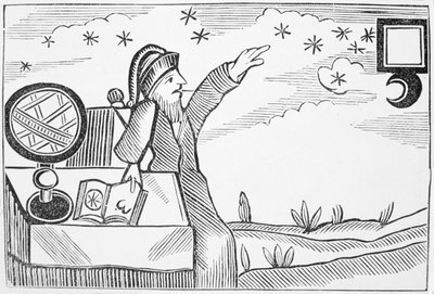 Sorcier consultant la lune et les étoiles, illustration d