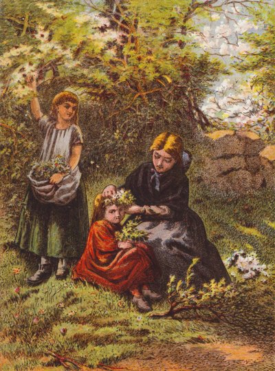 Femme coiffant une fille avec des fleurs (lithographie couleur) - English School