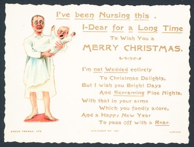 Femme tenant un bébé qui crie, carte de Noël - English School
