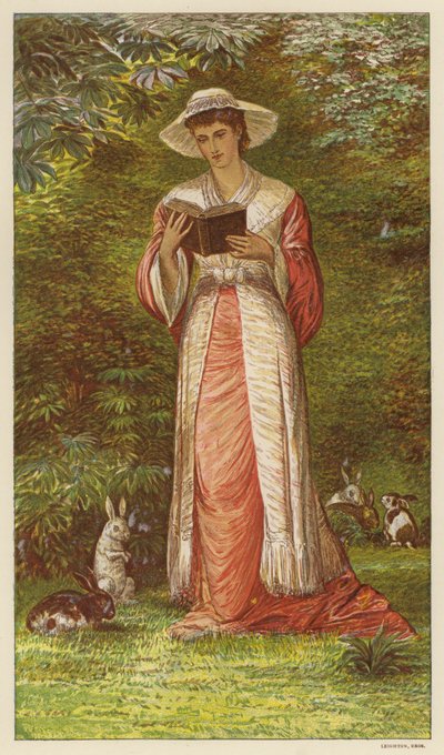 Femme lisant un livre dans un jardin avec des lapins - English School