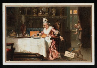 Femme prenant le thé avec son chat, carte de vœux de Noël - English School