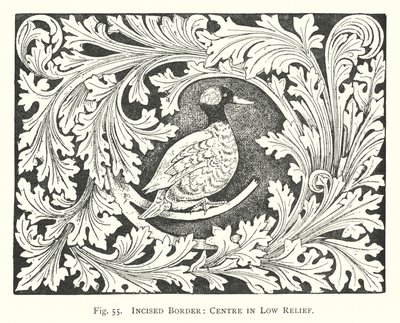 Sculpture sur bois : Bordure incisée, centre en bas-relief - English School