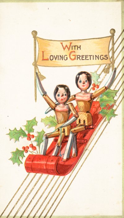 Poupées en bois faisant de la luge, Carte de Noël - English School