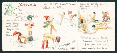 Poupées en bois faisant une bataille de boules de neige, Carte de Noël - English School