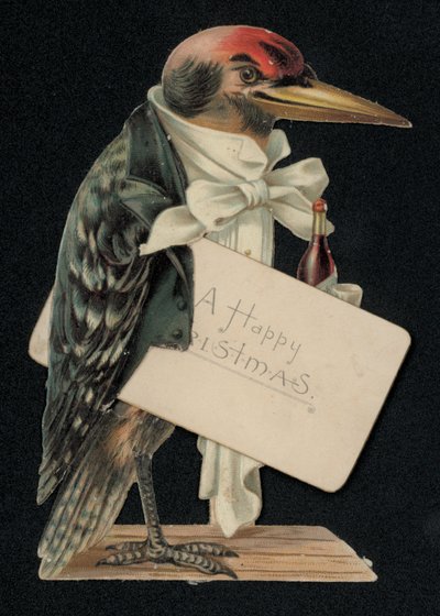 Pic vert habillé en serveur ou majordome, carte de vœux de Noël (chromolithographie) - English School