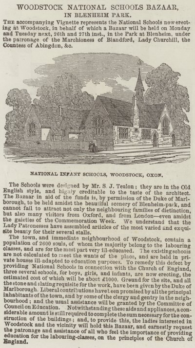 Bazar des écoles nationales de Woodstock, dans le parc de Blenheim (gravure) - English School