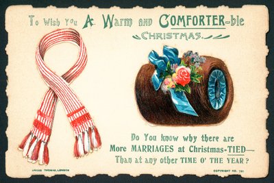 Écharpe en laine et manchon en fourrure, carte de Noël - English School