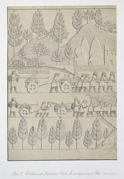 Ouvriers avec des outils et des cordes pour déplacer un taureau ailé, planche 17 de Ninive et ses restes par Austen Henry Layard (1817-94) publié en 1849 - English School