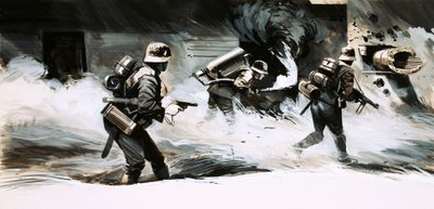 Les soldats de la Seconde Guerre mondiale attaquent un bunker avec un lance-flammes - English School