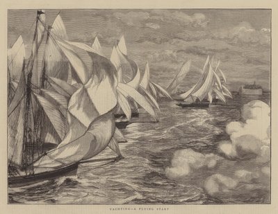 Yachting, un départ en vol (gravure) - English School