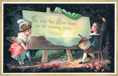 Jeune artiste montrant son travail, carte de Nouvel An - English School