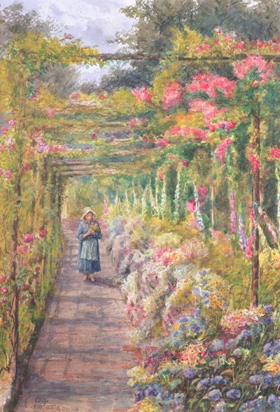 Jeune fille marchant sous une pergola de roses - English School