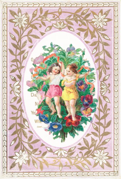 Jeune fille et garçon avec des fleurs et des rubans, carte - English School