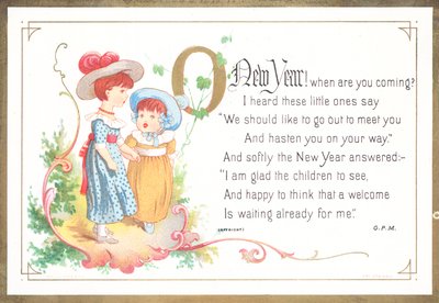Jeunes filles se tenant par la main, carte de Nouvel An - English School
