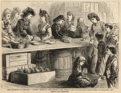 Jeunes filles de la ville en ruines fabriquant et distribuant des sandwiches aux enfants affamés et démunis - English School