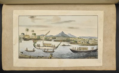 Scène de rivière à Java avec des bateaux, y compris un bateau à tête de dragon - English School