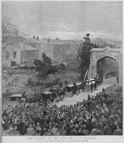 Procession funéraire portant le corps du prédicateur baptiste particulier anglais Charles Haddon Spurgeon arrivant aux portes du cimetière de Norwood, Londres - Enoch Ward