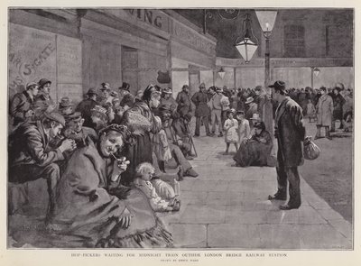Cueilleurs de houblon attendant devant la gare de London Bridge pour le train de minuit vers le Kent - Enoch Ward
