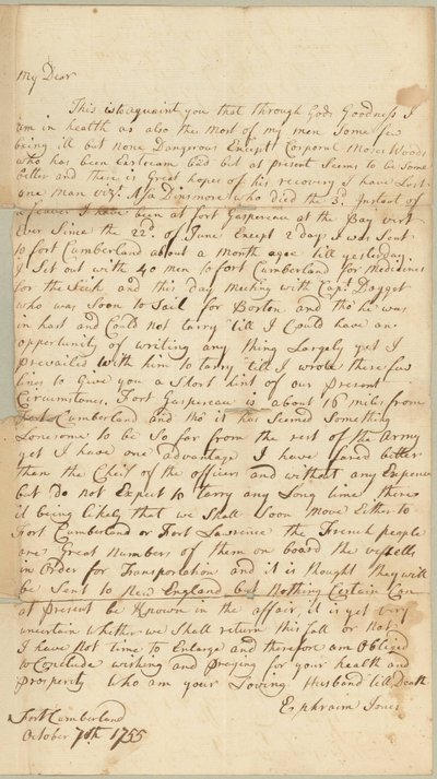 Lettre à Allice Jones, Concord, Massachusetts, 7 octobre 1755 - Ephraim Jones