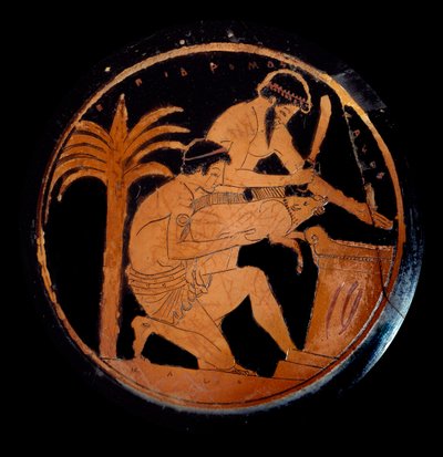 Art grec : coupe à figures rouges en céramique, médaillon : sacrifice d