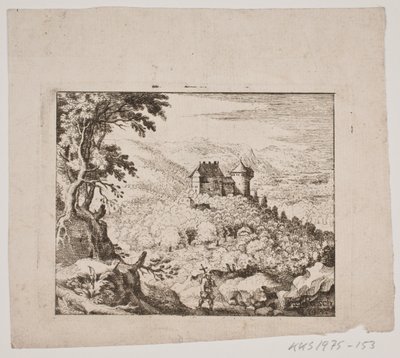 Paysage montagneux avec un château et un randonneur - Erasmus Sigismund Resch