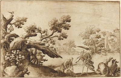 La mort et le bûcheron dans un paysage côtier avec des ruines - Ercole Bazicaluva