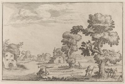 Village au bord du lac avec des bergers - Ercole Bazicaluva
